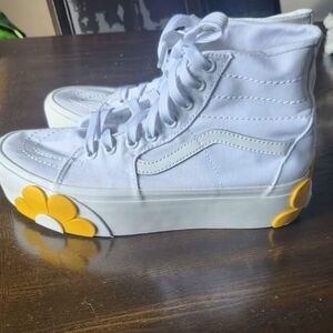 White Vans High-Top Platform Women's Sneakers with Yellow Flower Accent